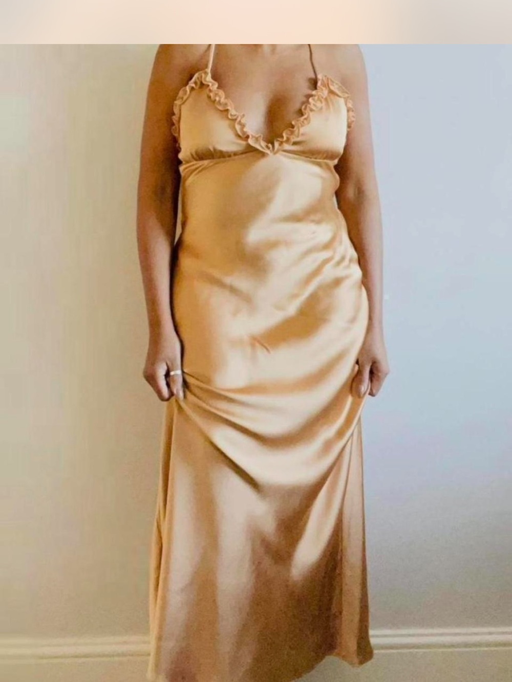 Zara Satin Ruffle V‑Neck Slip Dress in Golden Yellow - Picture 3 of 6